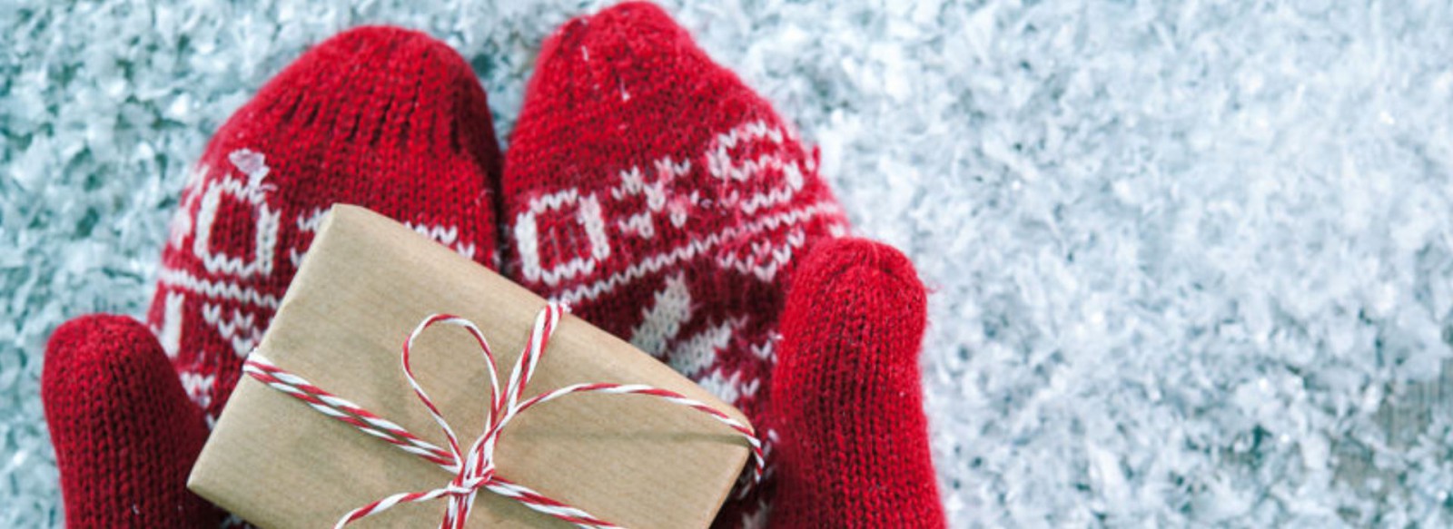 Red holiday mittens holding a wrapped present. No time like the present to take advantage of our Skip-A-Pay in November or December.